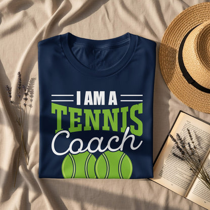 Navy t-shirt with "I AM A TENNIS COACH" and two tennis balls.