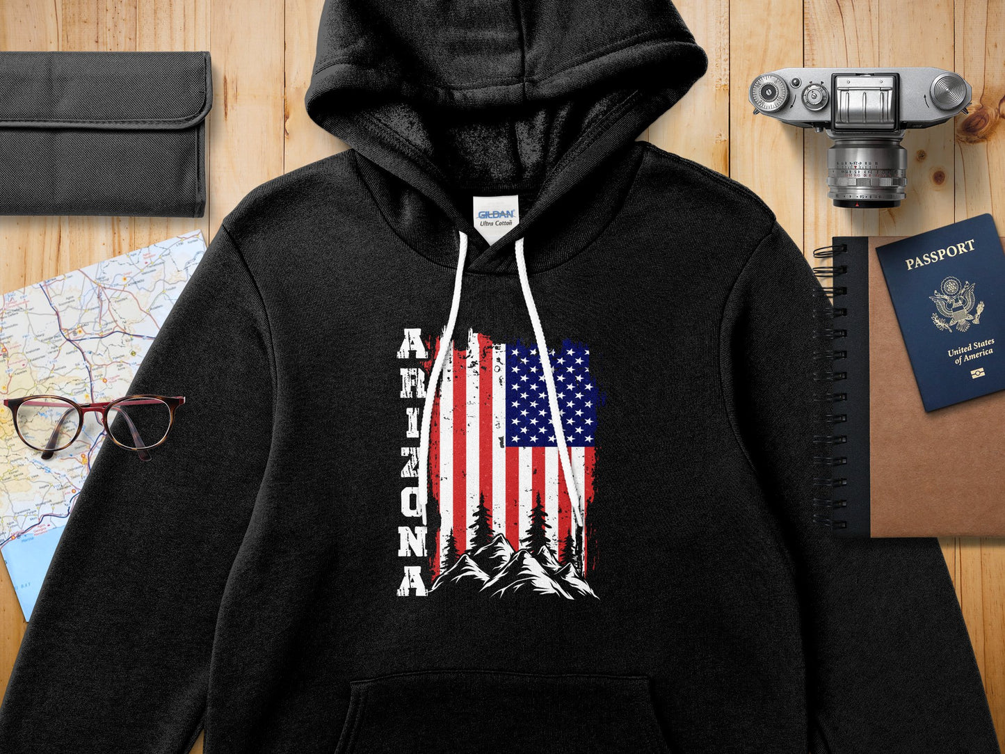 Black Gildan hoodie with Arizona flag graphic, mountain and tree detail.