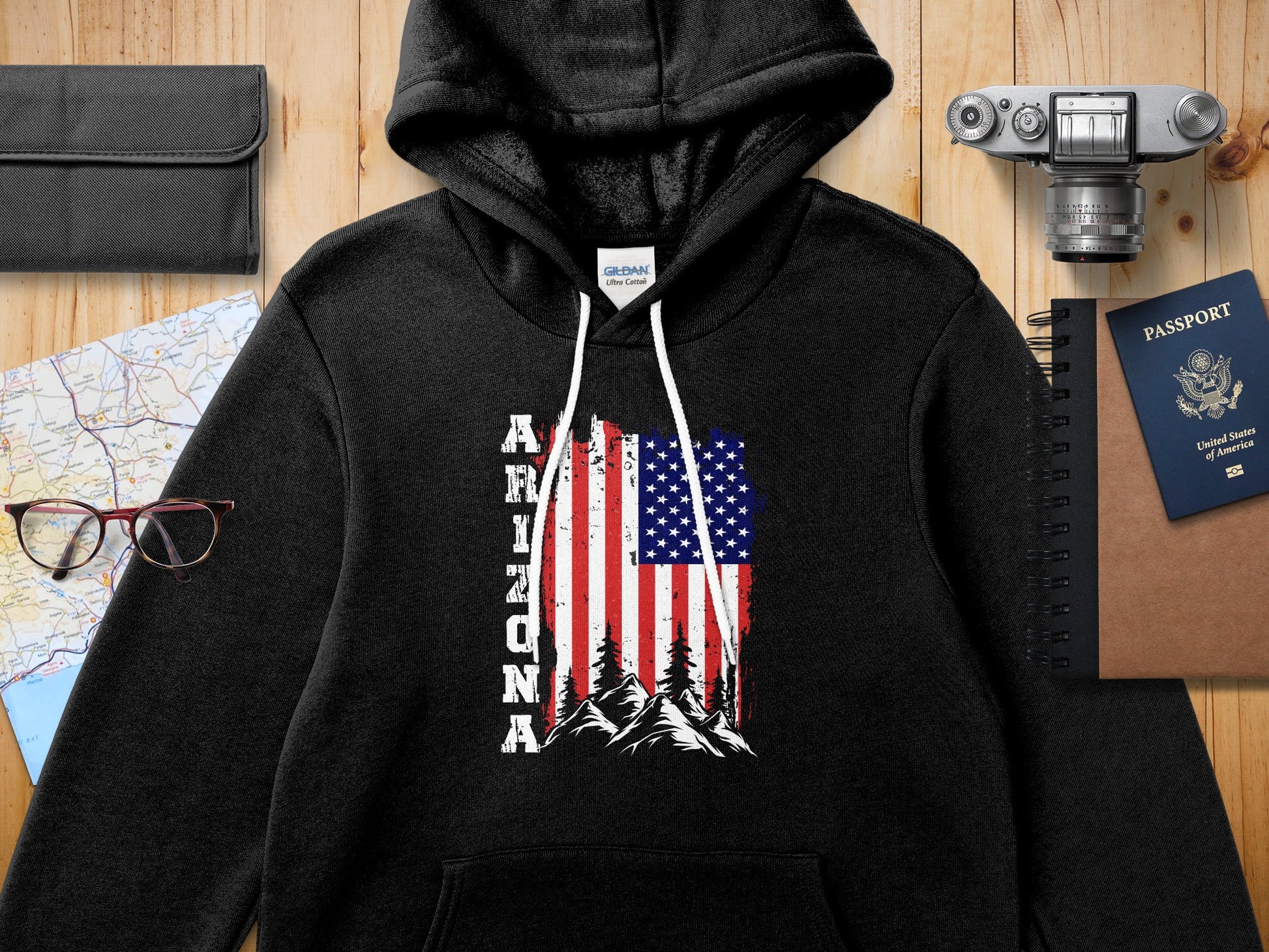 Black Gildan hoodie with Arizona flag graphic, mountain and tree detail.