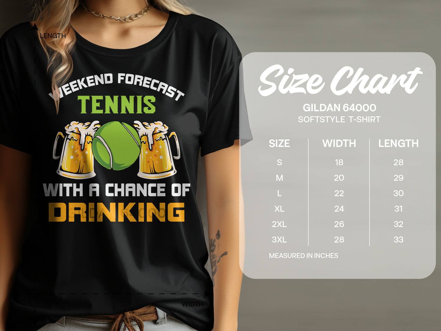 T-shirt with "Weekend Forecast: Tennis With A Chance Of Drinking" graphic and size chart.