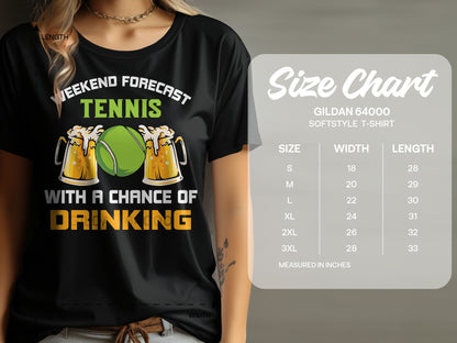 T-shirt with "Weekend Forecast: Tennis With A Chance Of Drinking" graphic and size chart.