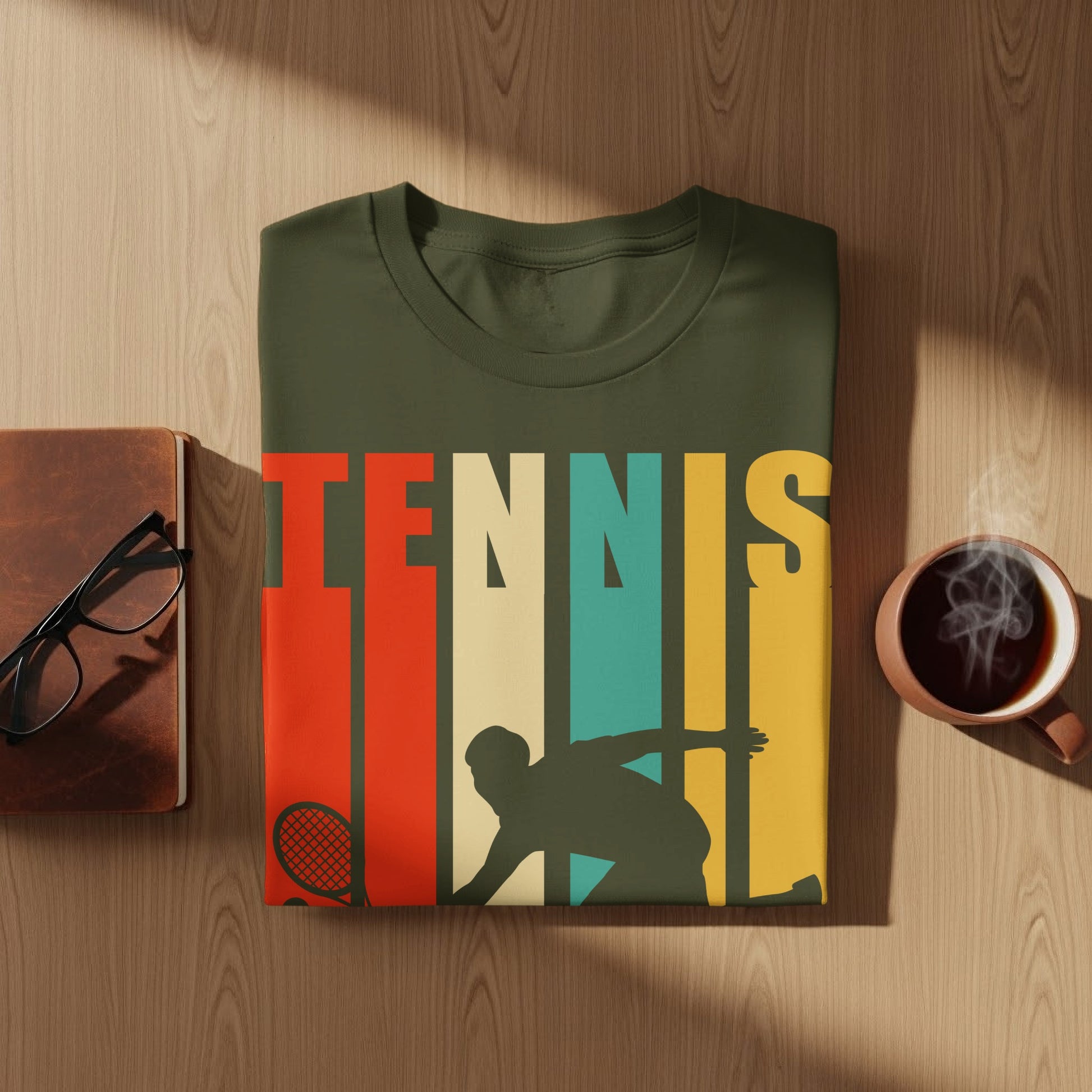 Green t-shirt with "TENNIS" text and silhouette of a tennis player.
