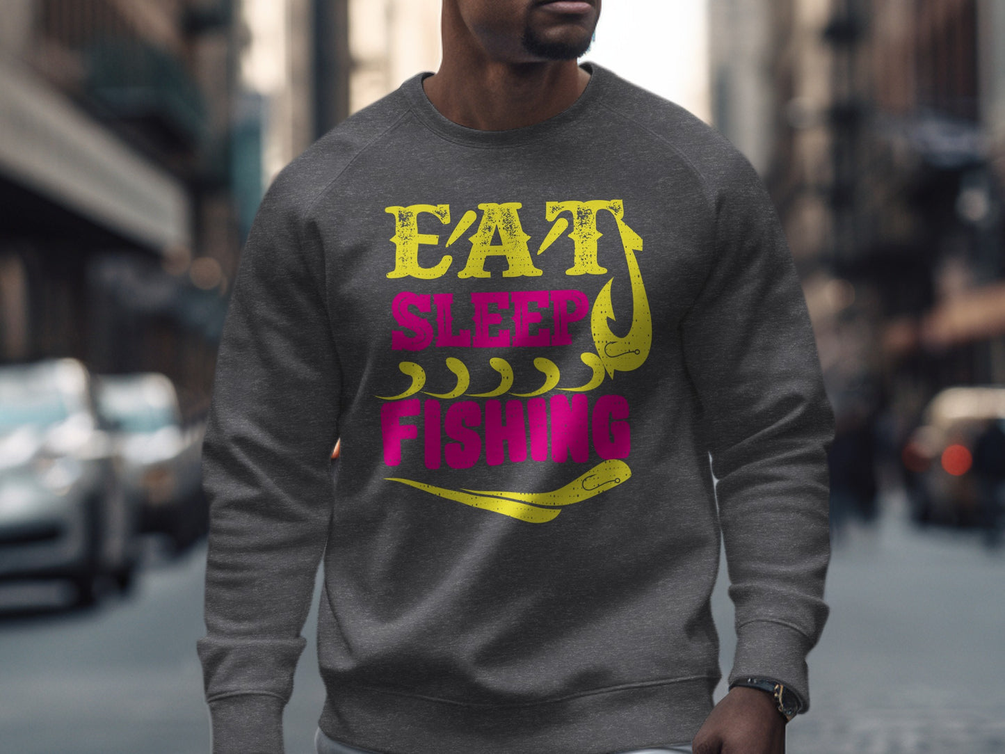 Gray sweatshirt with "Eat Sleep Fishing" graphic and fishing hook.