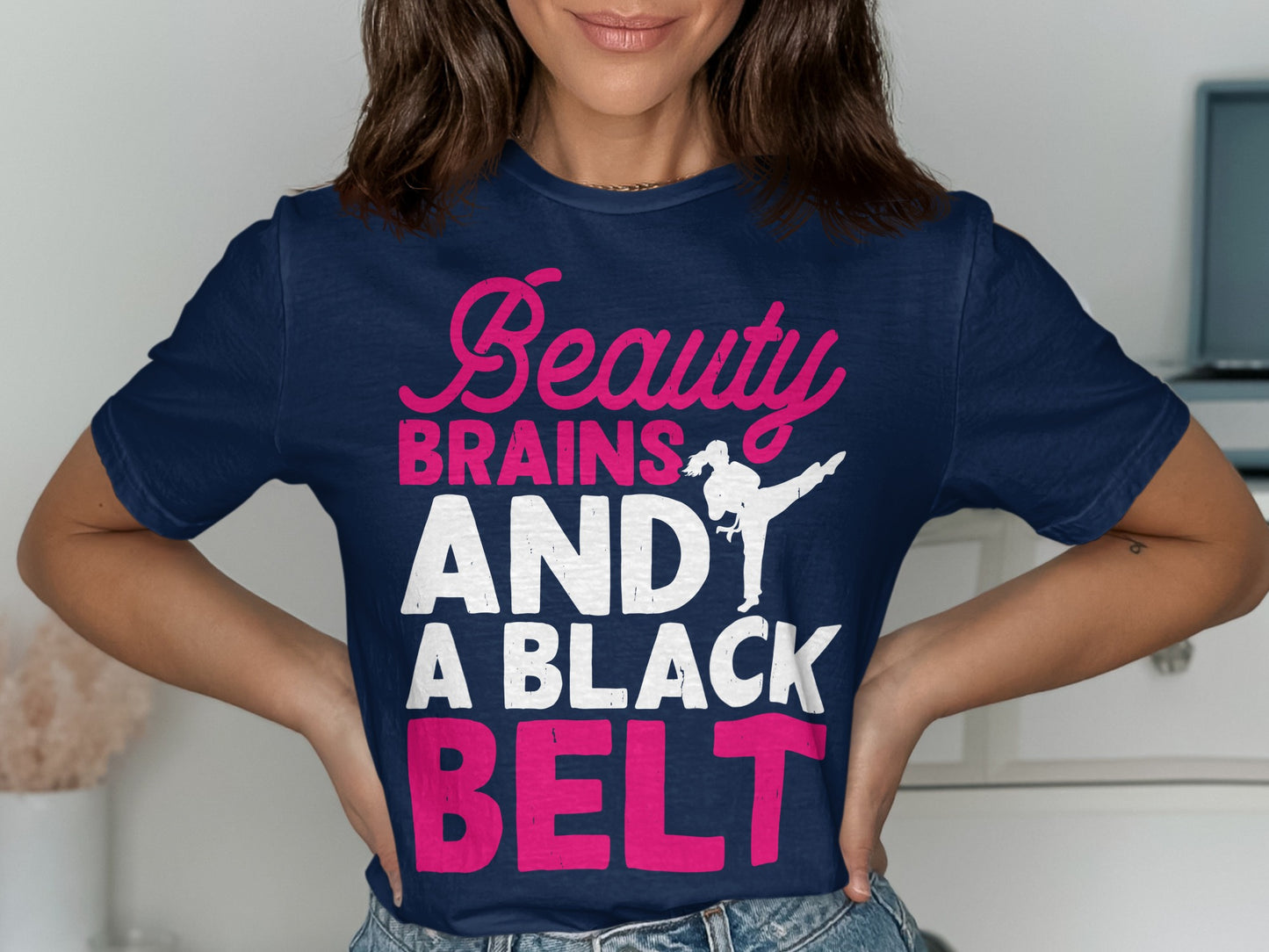 Navy t-shirt with "Beauty, Brains AND A BLACK BELT" text and karate silhouette.