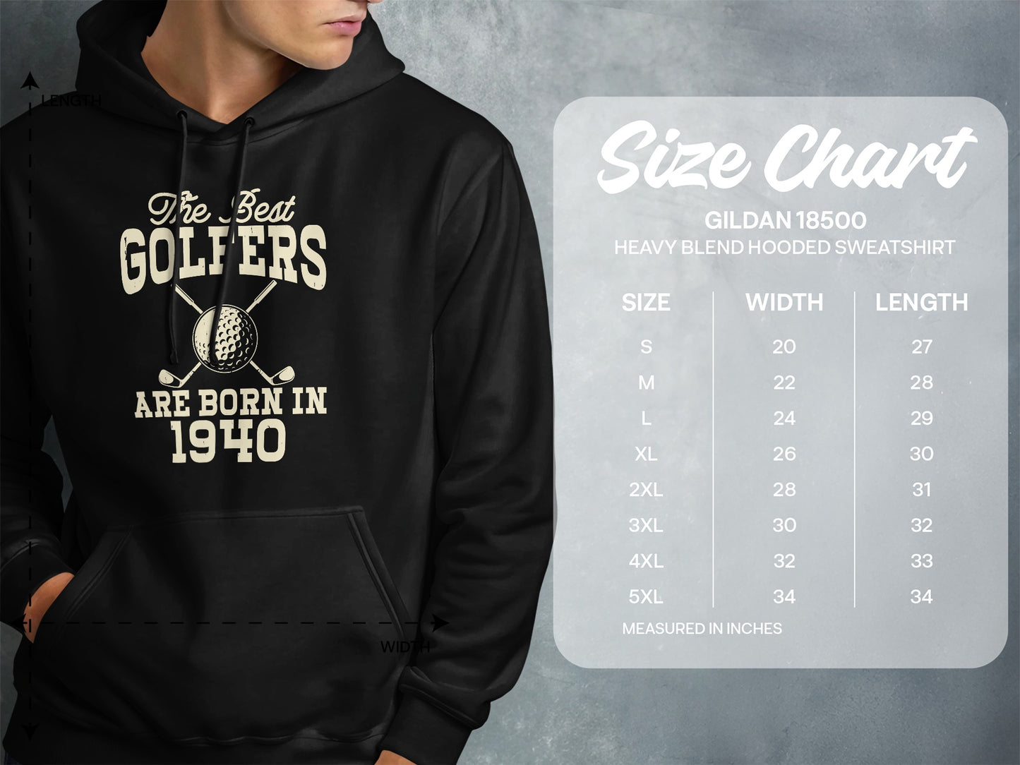 Hooded sweatshirt size chart with "The Best Golfers Are Born In 1940" graphic.