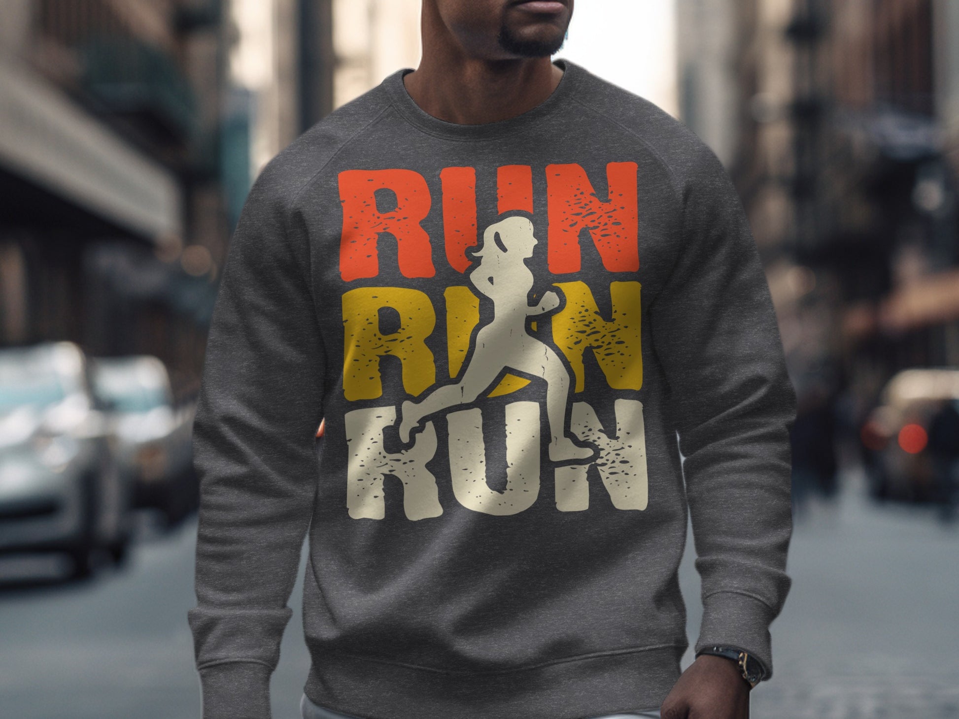 Gray sweatshirt with "RUN" text and female runner silhouette graphic.