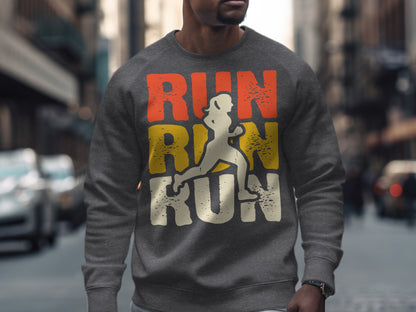 Gray sweatshirt with "RUN" text and female runner silhouette graphic.