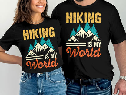 Two black t-shirts with "Hiking is My World" text and mountain graphic.