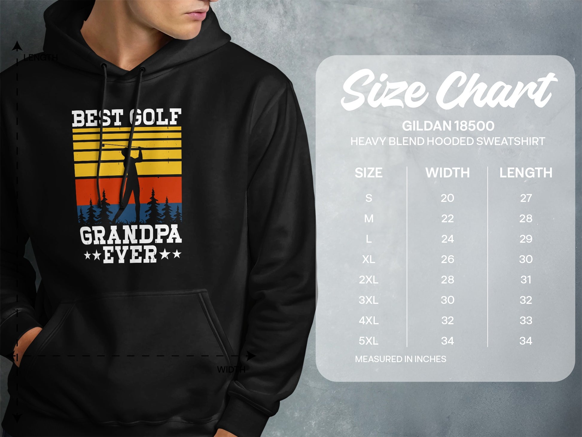 Best Golf Grandpa hooded sweatshirt size chart with measurements.