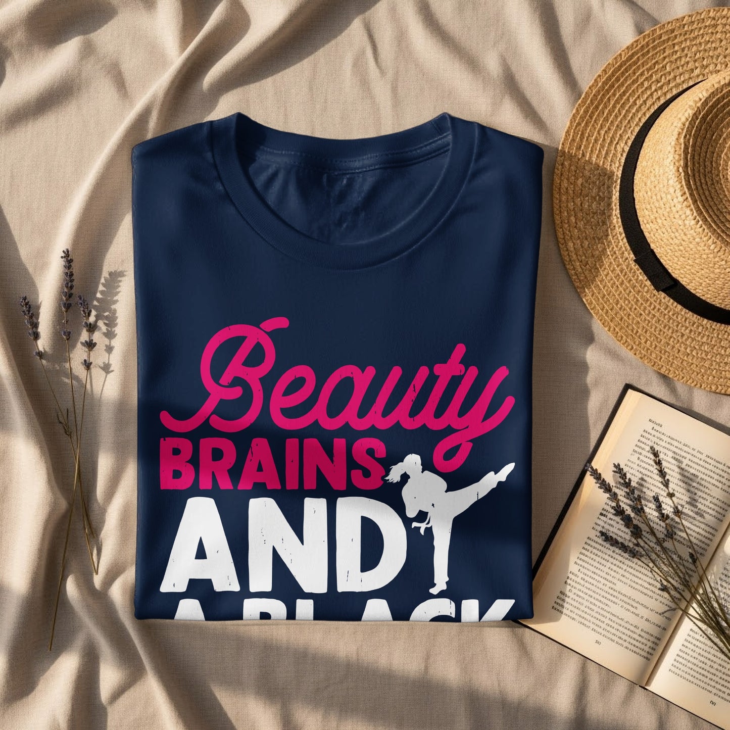 Navy t-shirt with "Beauty BRAINS AND BLACK BELT" text and martial artist graphic.