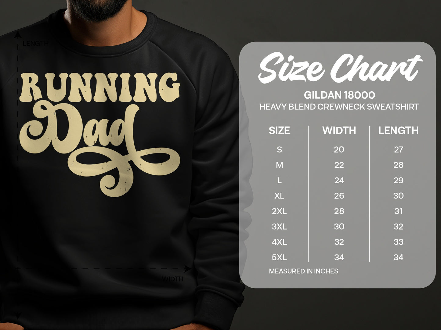 Running Dad sweatshirt size chart with measurements in inches.