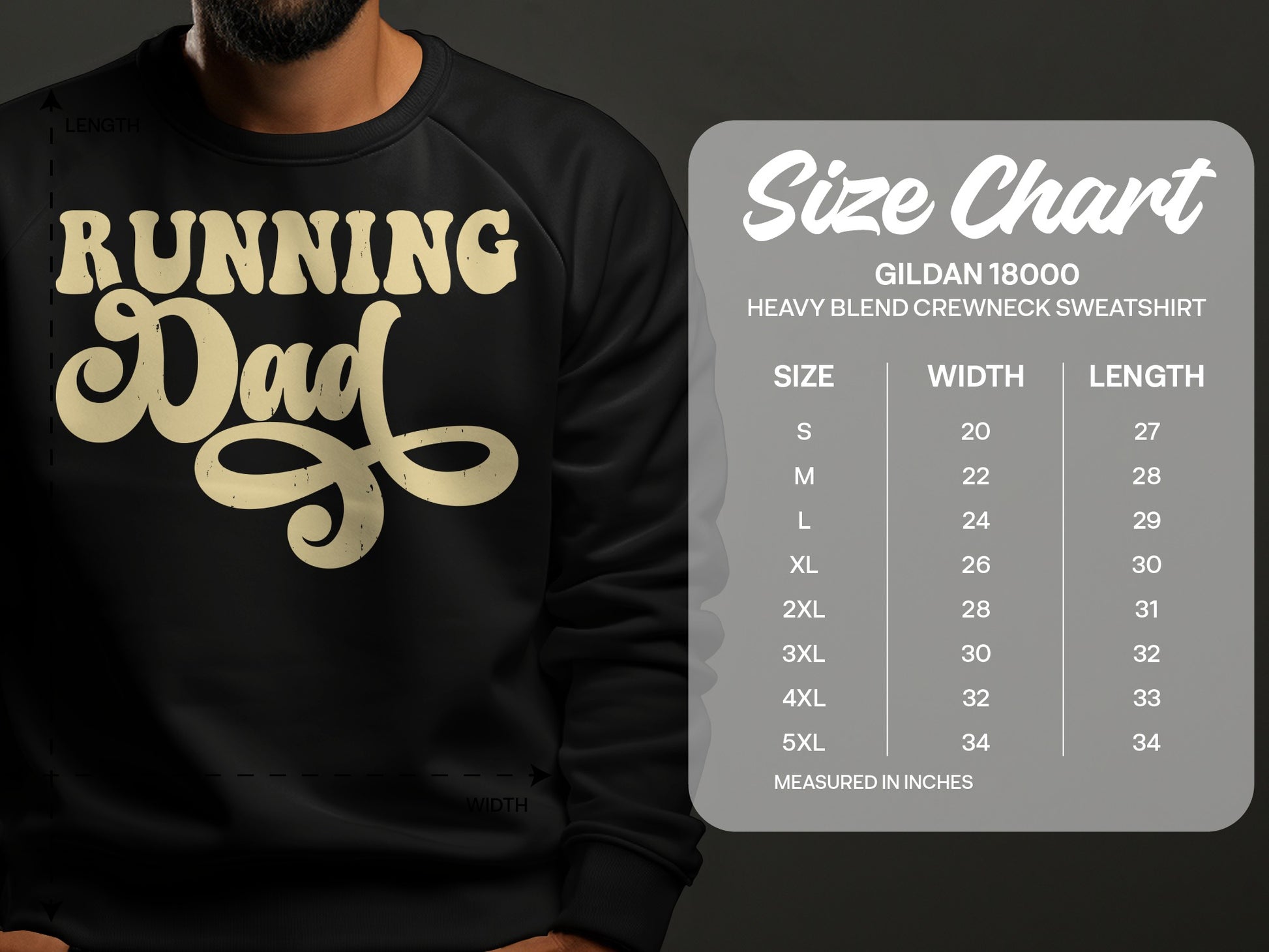 Running Dad sweatshirt size chart with measurements in inches.
