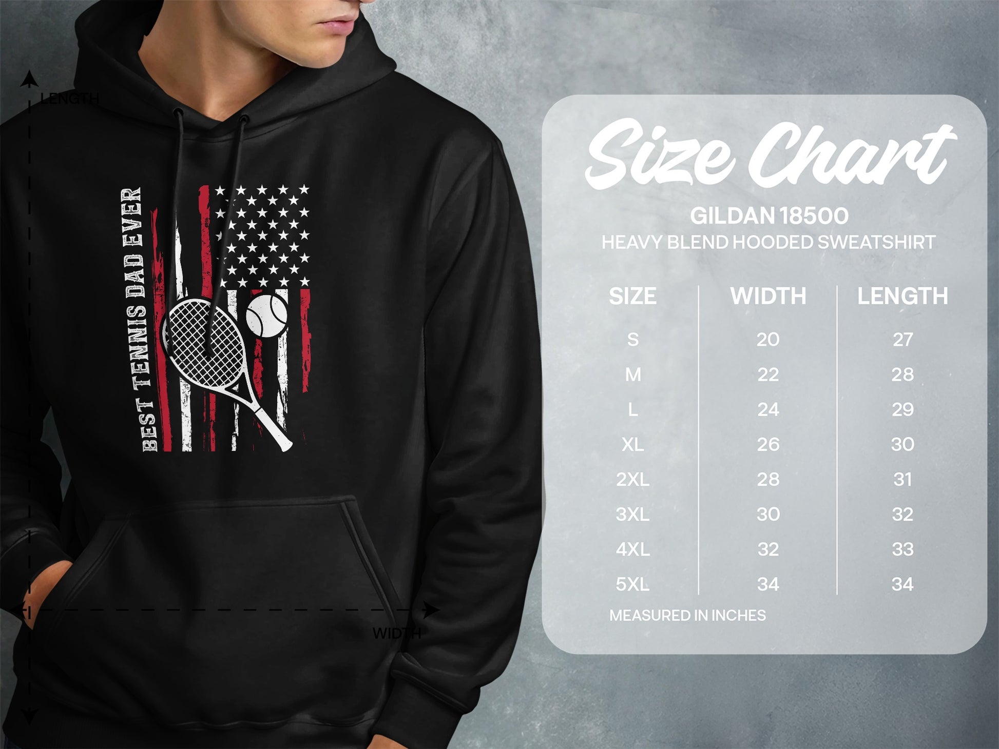 Hooded sweatshirt size chart with US flag and tennis racket graphic.