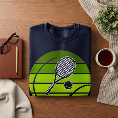 Navy sweatshirt with a green tennis racket and ball graphic on a wooden table.