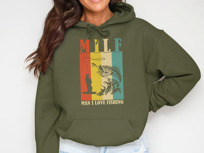 MILF MAN I LOVE FISHING text with fisherman and fish graphic on hoodie.