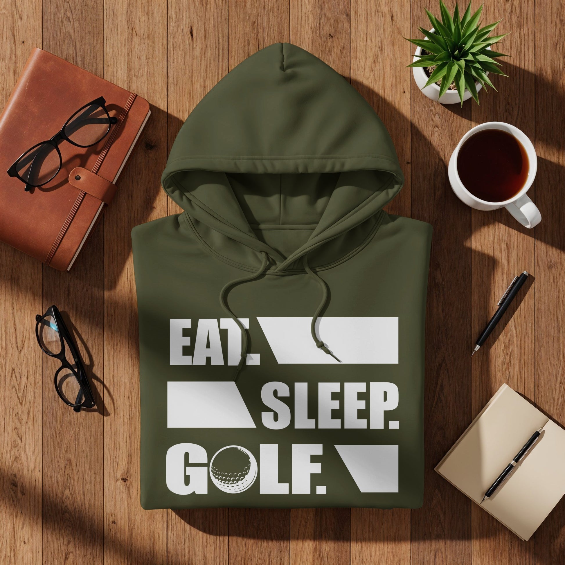 Olive green hoodie with "EAT SLEEP GOLF" text and golf ball graphic.
