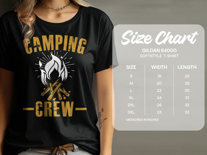 Black t-shirt with "CAMPING CREW" graphic and Gildan size chart.