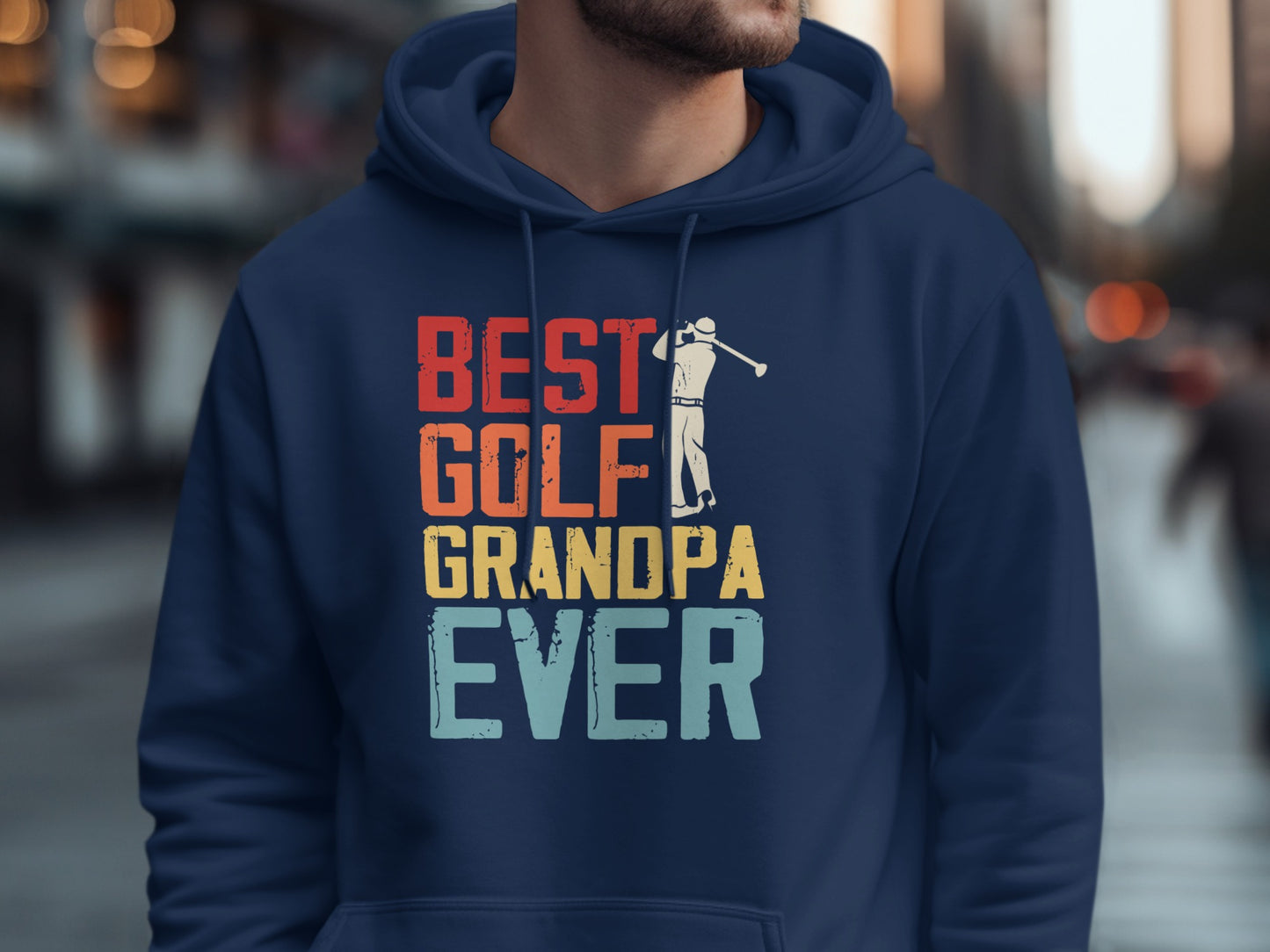Navy hoodie with "BEST GOLF GRANDPA EVER" text and golfer graphic.
