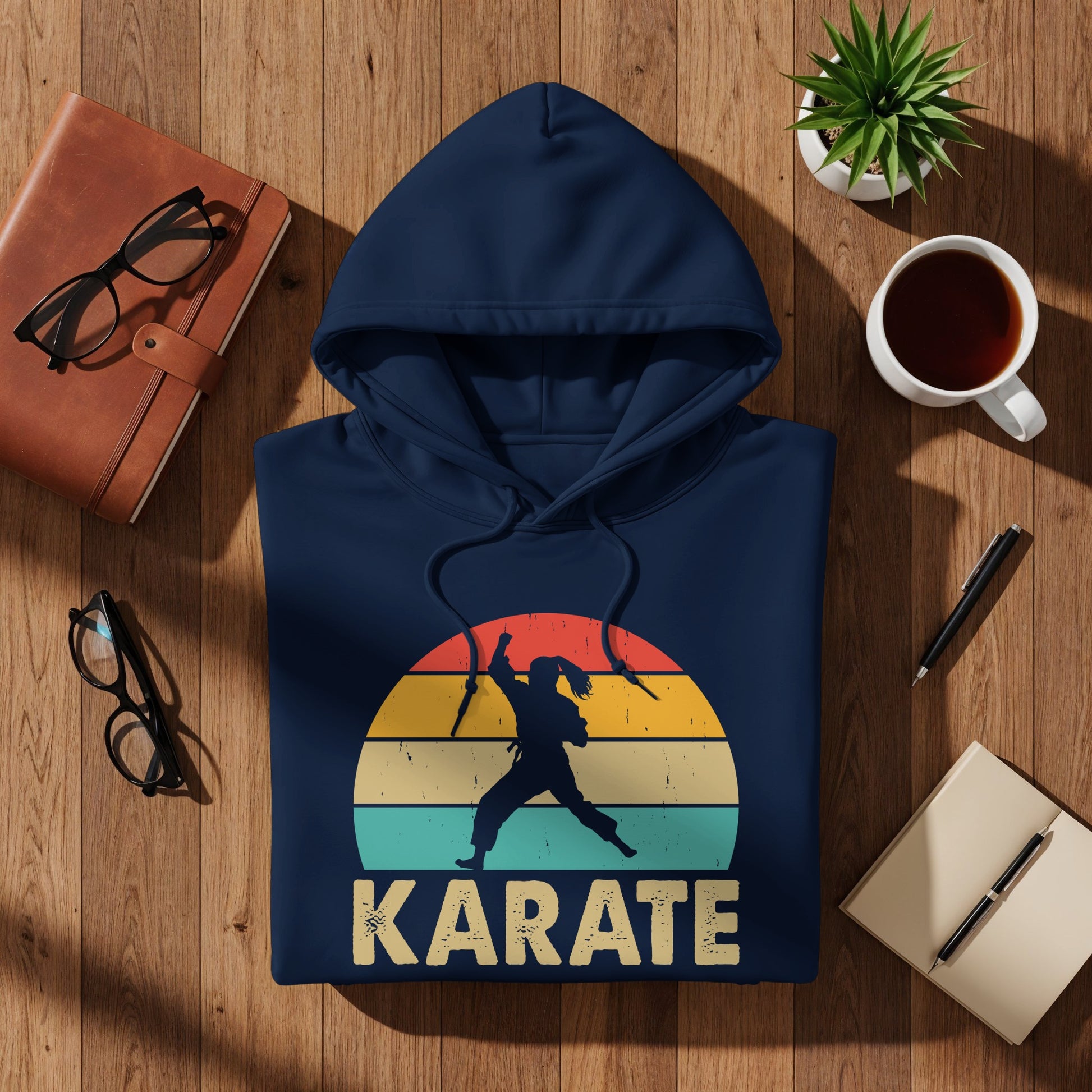 Navy blue hoodie with Karate graphic, featuring a silhouette of a person in mid-kick.