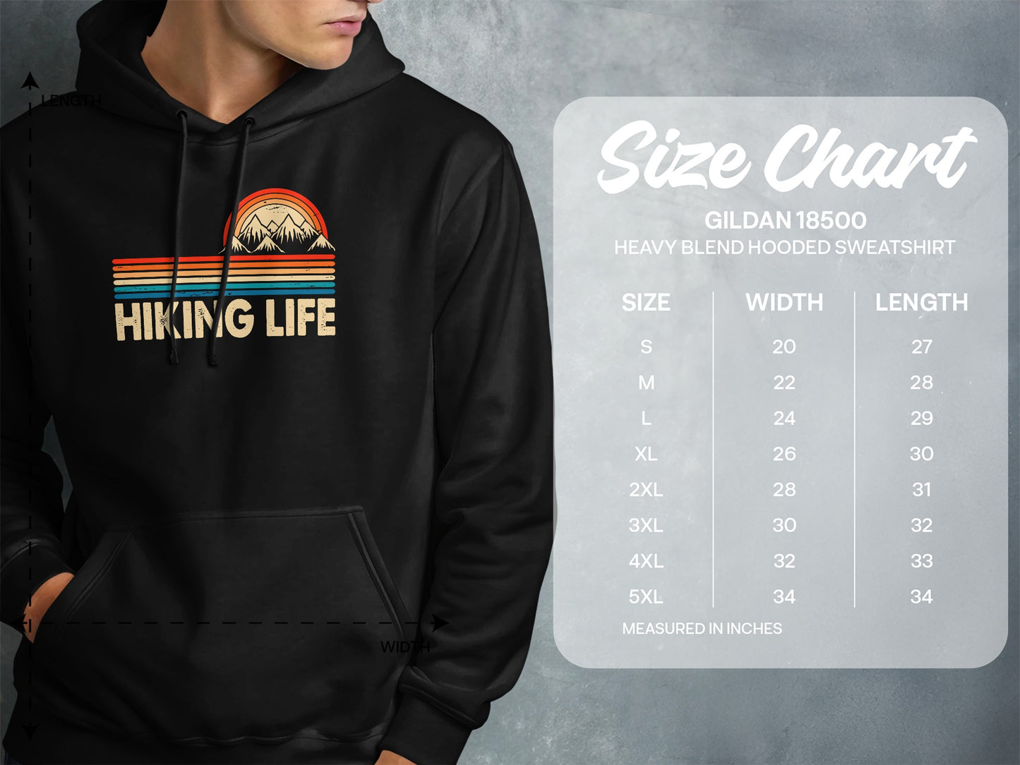 Hoodie with "HIKING LIFE" graphic and size chart for Gildan 18500 sweatshirt.