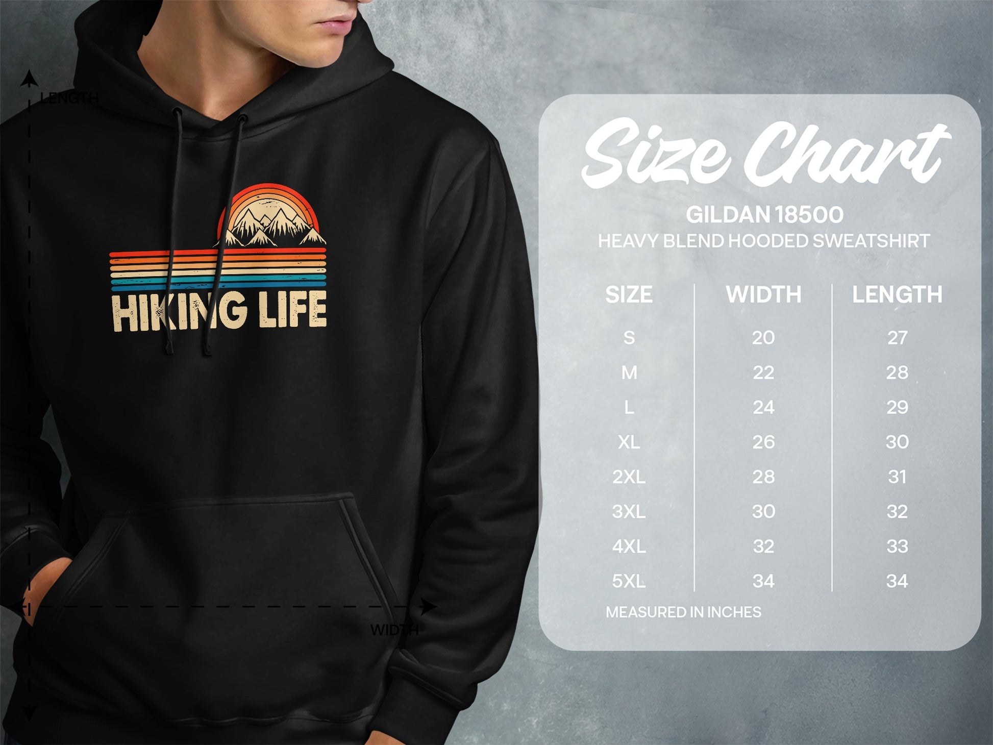 Hoodie with "HIKING LIFE" graphic and size chart for Gildan 18500 sweatshirt.