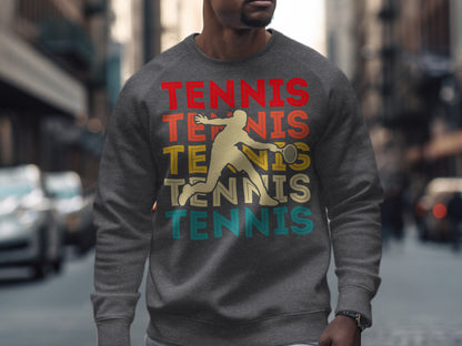 Gray sweatshirt with "TENNIS" in colorful block letters and a tennis player graphic.