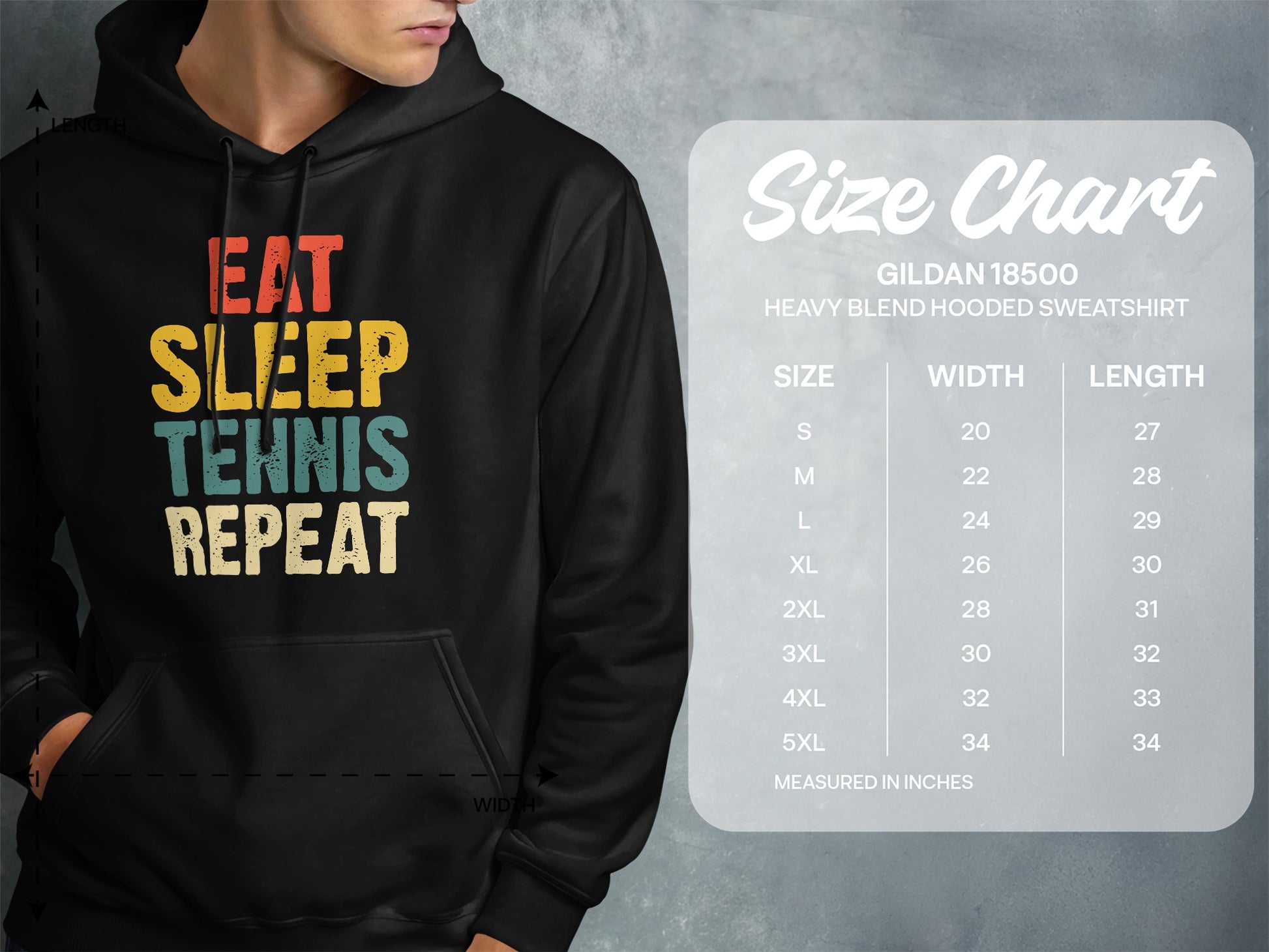 Hoodie with "Eat Sleep Tennis Repeat" graphic and size chart.