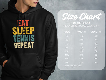 Hoodie with "Eat Sleep Tennis Repeat" graphic and size chart.