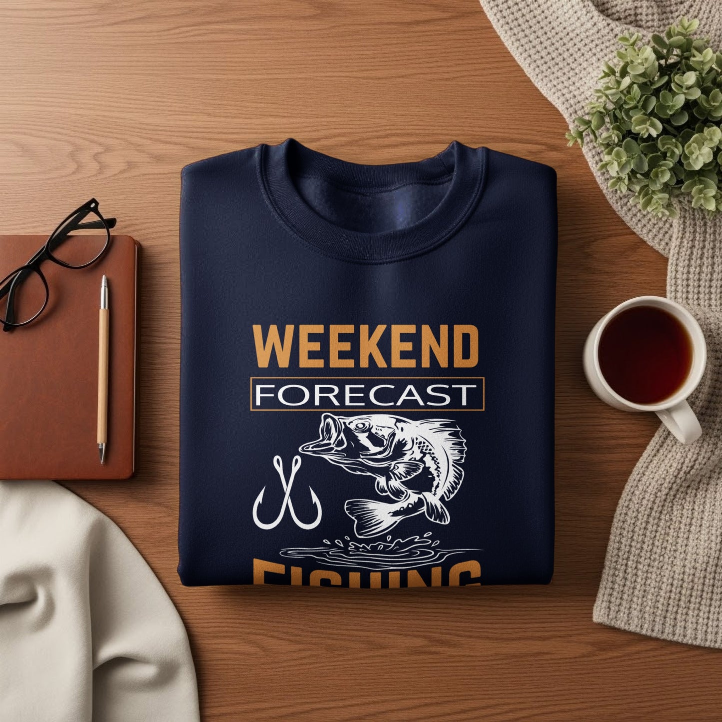 Navy sweatshirt with "WEEKEND FORECAST FISHING" text and fishing graphic.