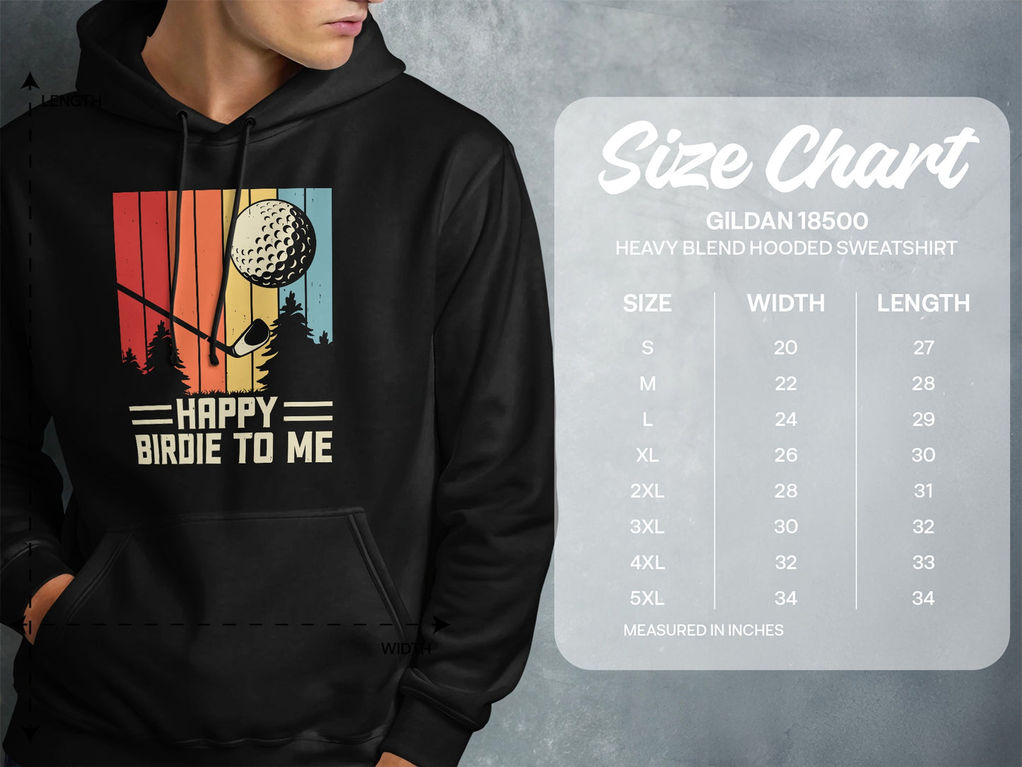 Hoodie with "Happy Birdie to Me" graphic and a size chart.