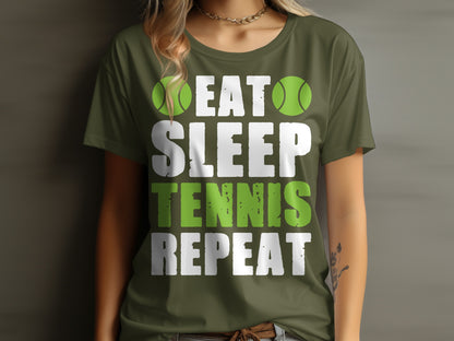Green t-shirt with "Eat Sleep Tennis Repeat" text and tennis balls.