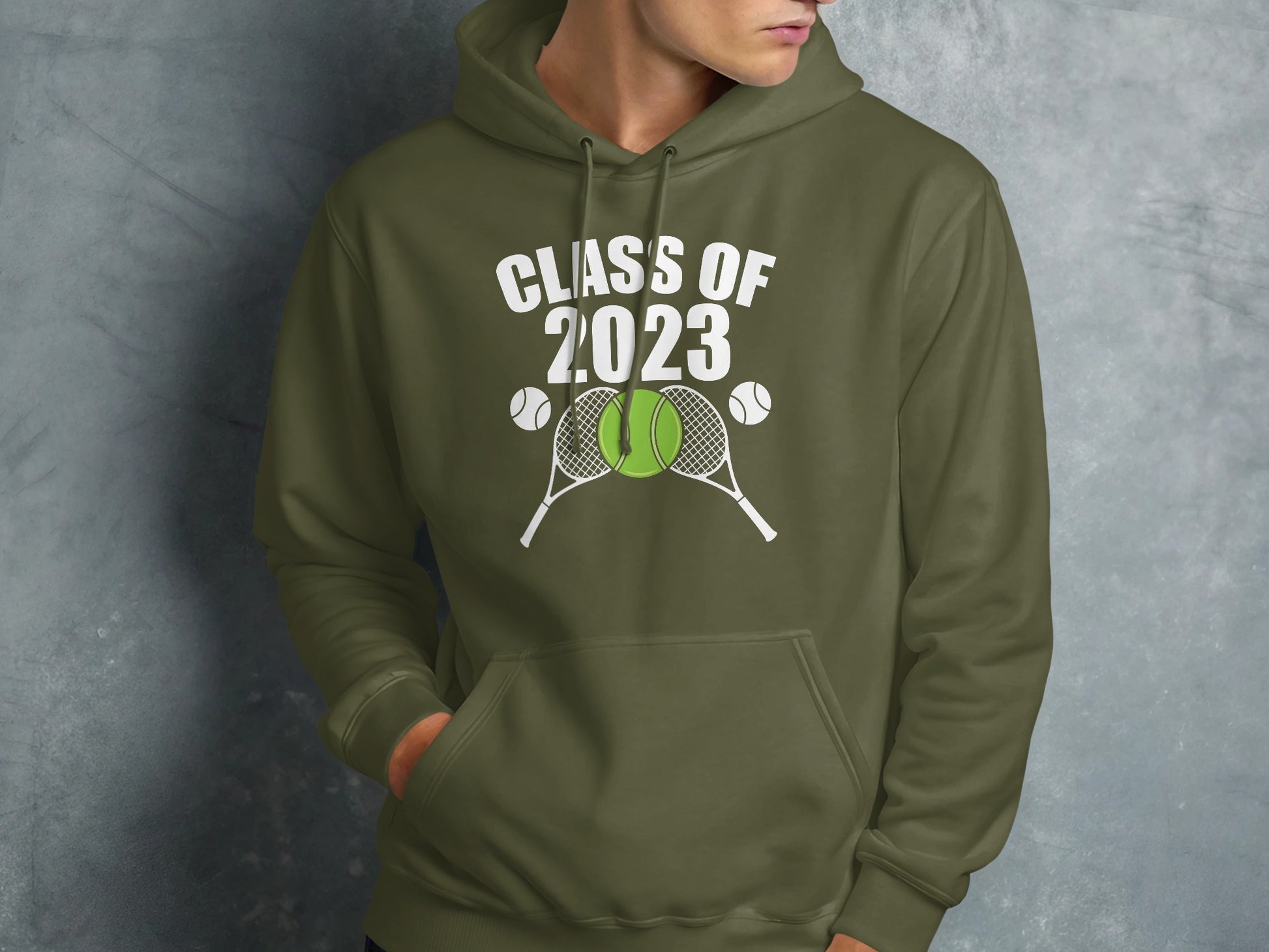 Green hoodie with "CLASS OF 2023" and tennis rackets and balls graphic.