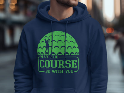 Green golf ball graphic with text "MAY THE COURSE BE WITH YOU".