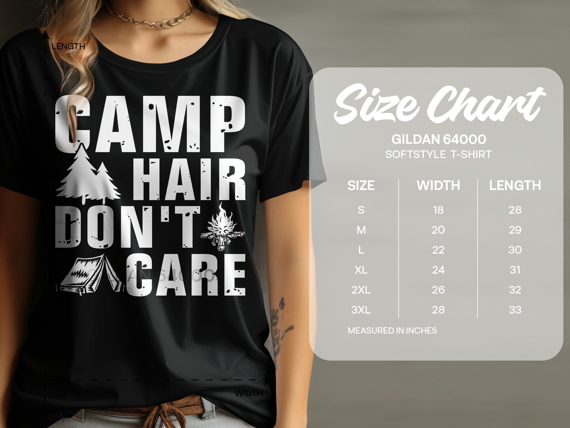Black t-shirt with "CAMP HAIR DON'T CARE" text and size chart.