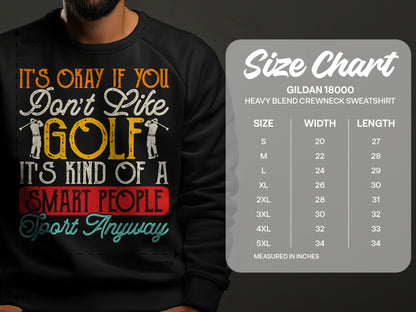 Gildan 18000 sweatshirt size chart with "Golf is a smart people sport" graphic.