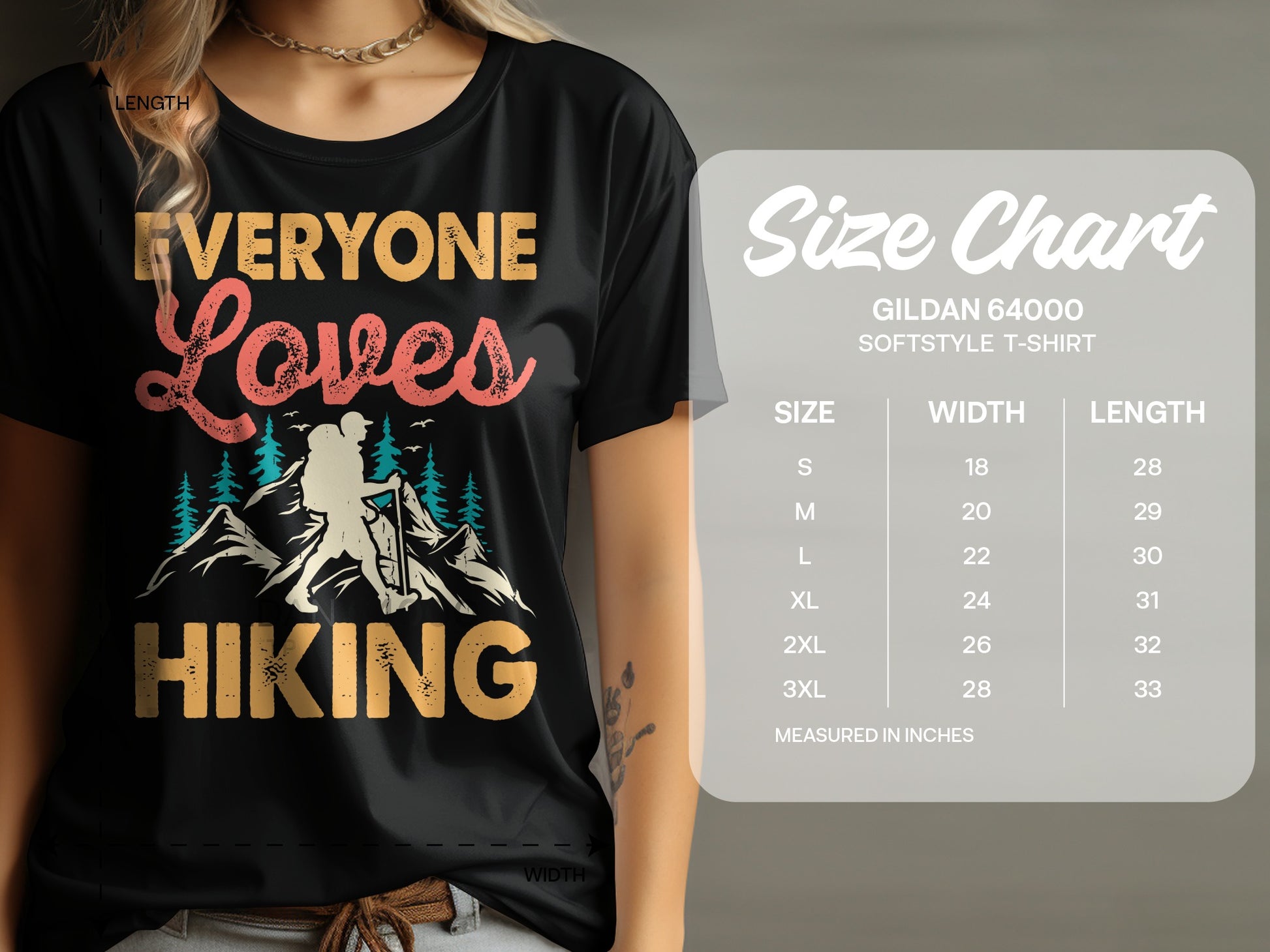 T-shirt with "Everyone Loves Hiking" graphic and size chart.