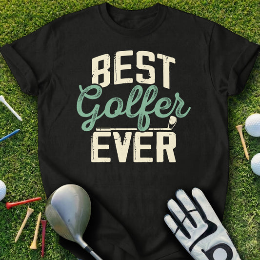Black t-shirt with "BEST Golfer EVER" text, golf club, glove, and balls.