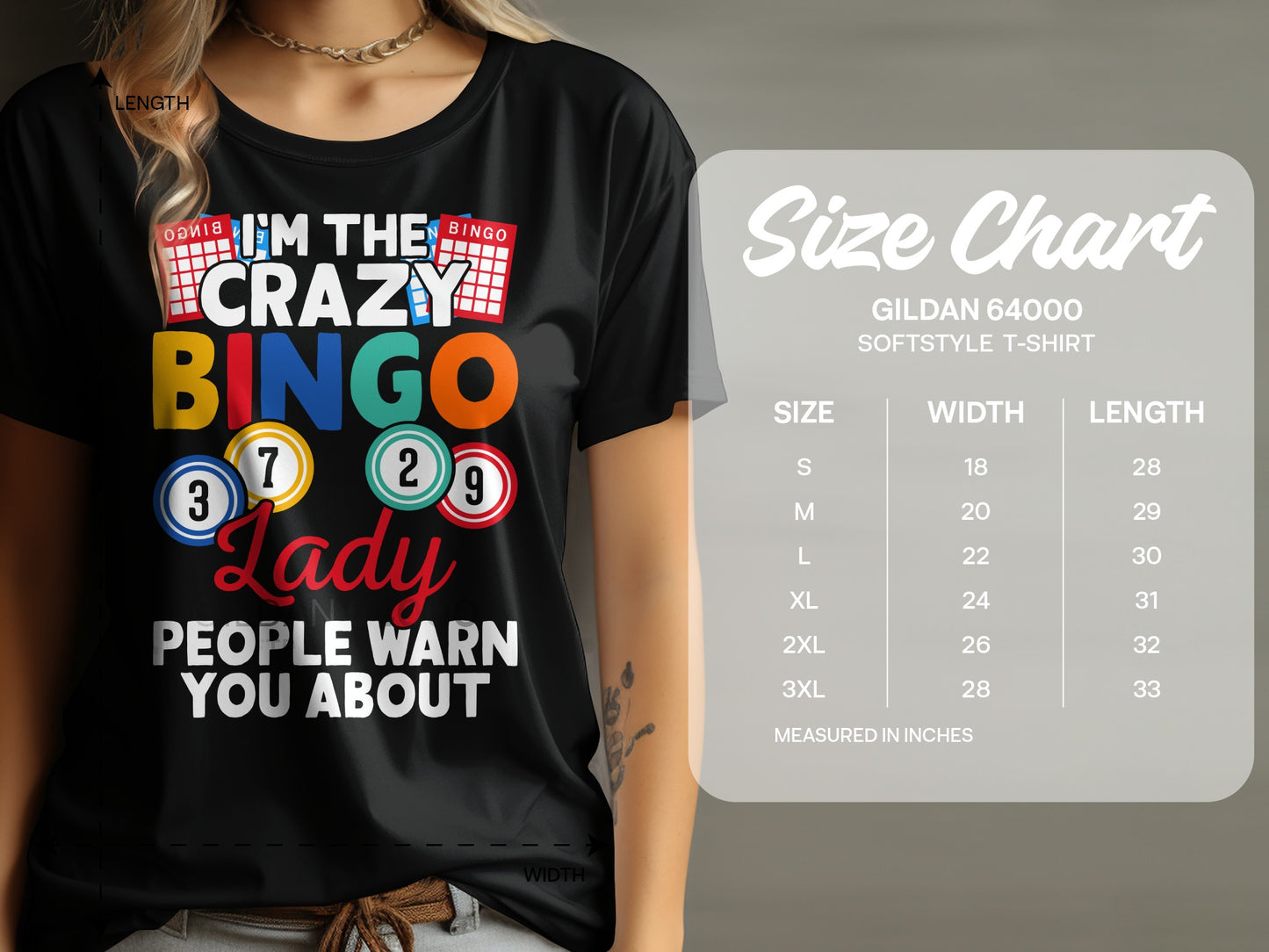 T-shirt with "I'm the crazy bingo lady people warn you about" text and size chart.