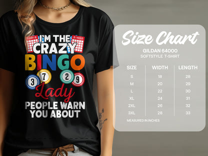 T-shirt with "I'm the crazy bingo lady people warn you about" text and size chart.