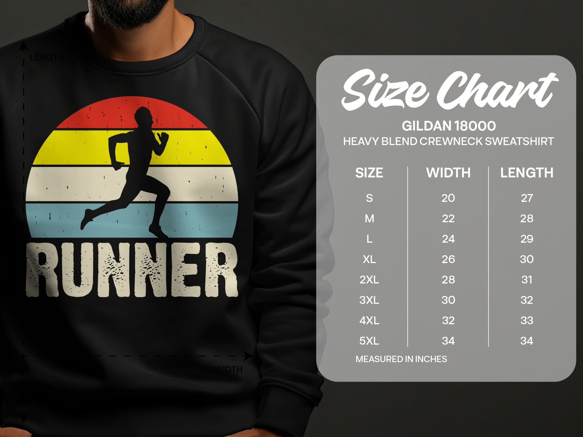 Crewneck sweatshirt with a runner graphic and Gildan size chart.