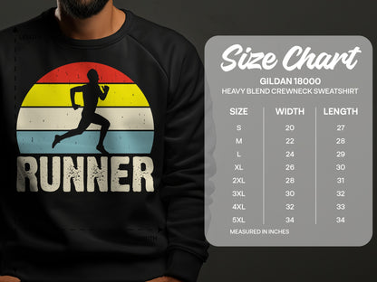 Crewneck sweatshirt with a runner graphic and Gildan size chart.