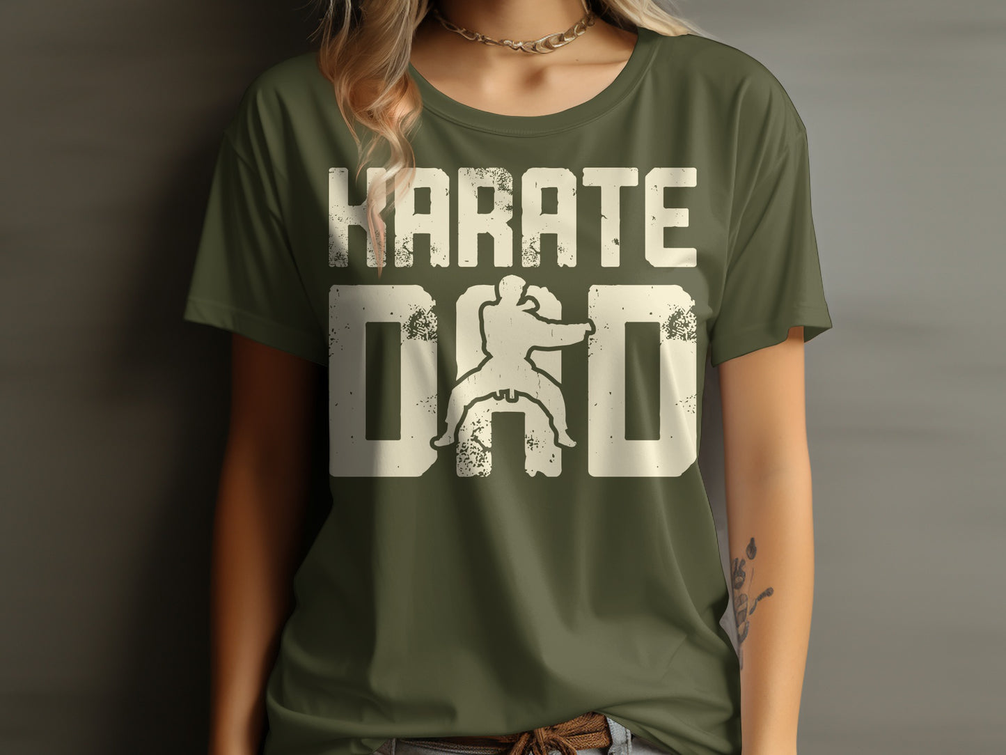 Green t-shirt with "KARATE DAD" text and a silhouette of a karate fighter.