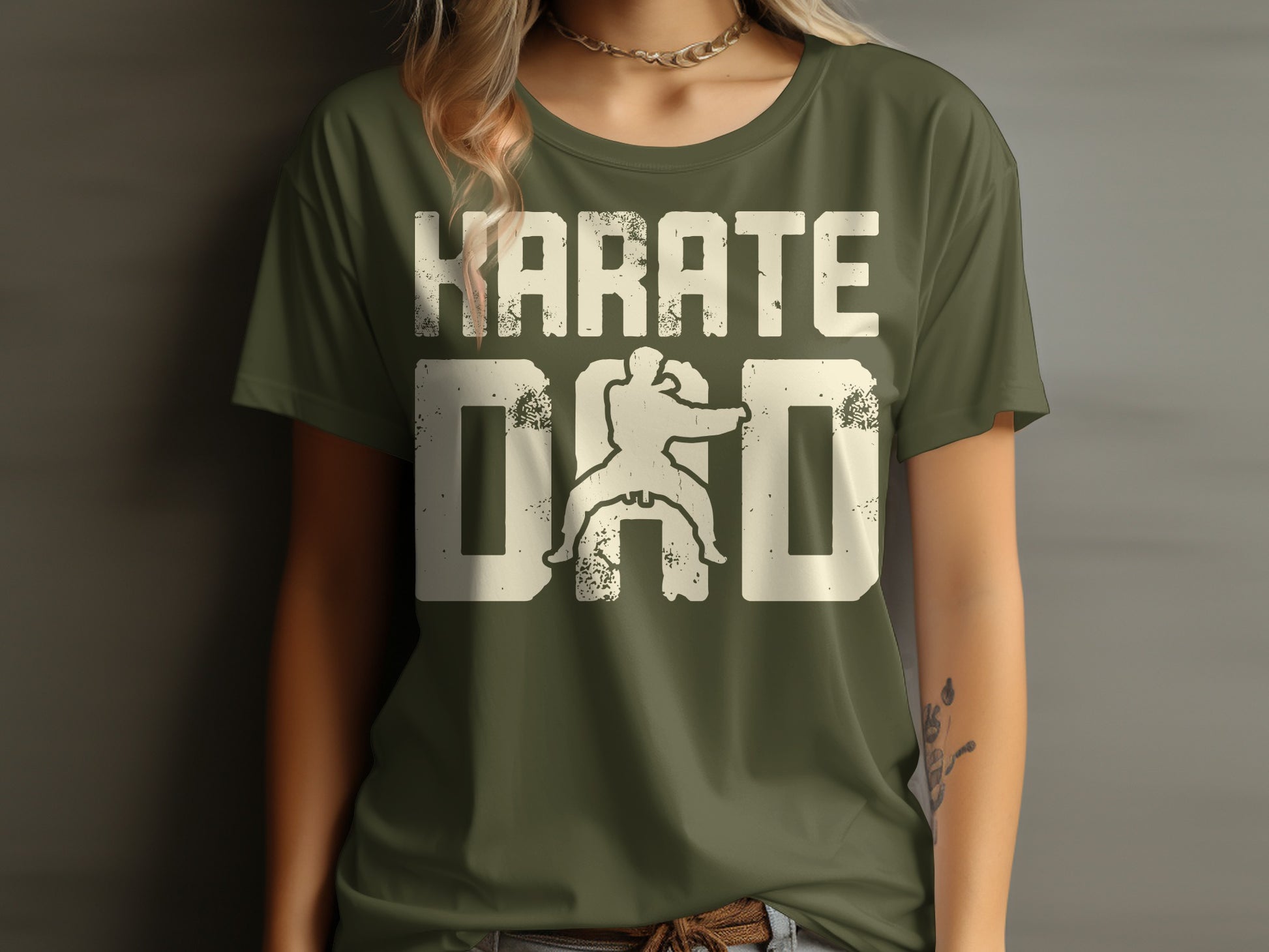 Green t-shirt with "KARATE DAD" text and a silhouette of a karate fighter.