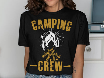 Black t-shirt with "CAMPING CREW" and a campfire graphic.