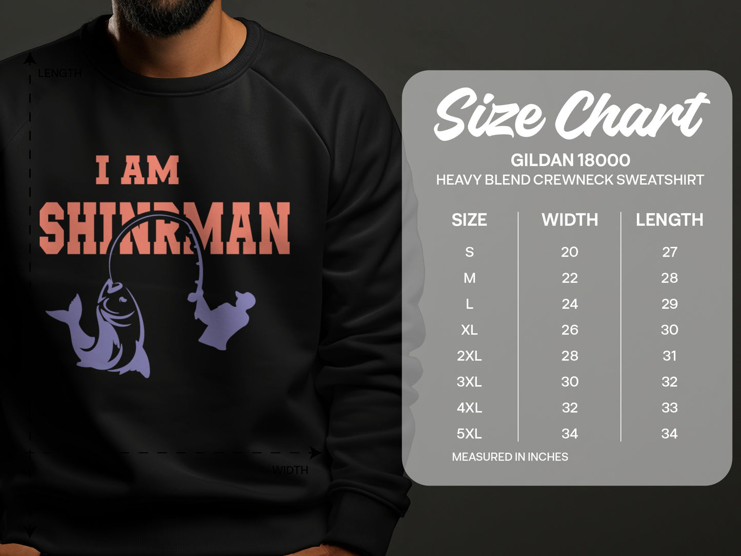 Crewneck sweatshirt size chart with "I AM SHINEMAN" graphic.