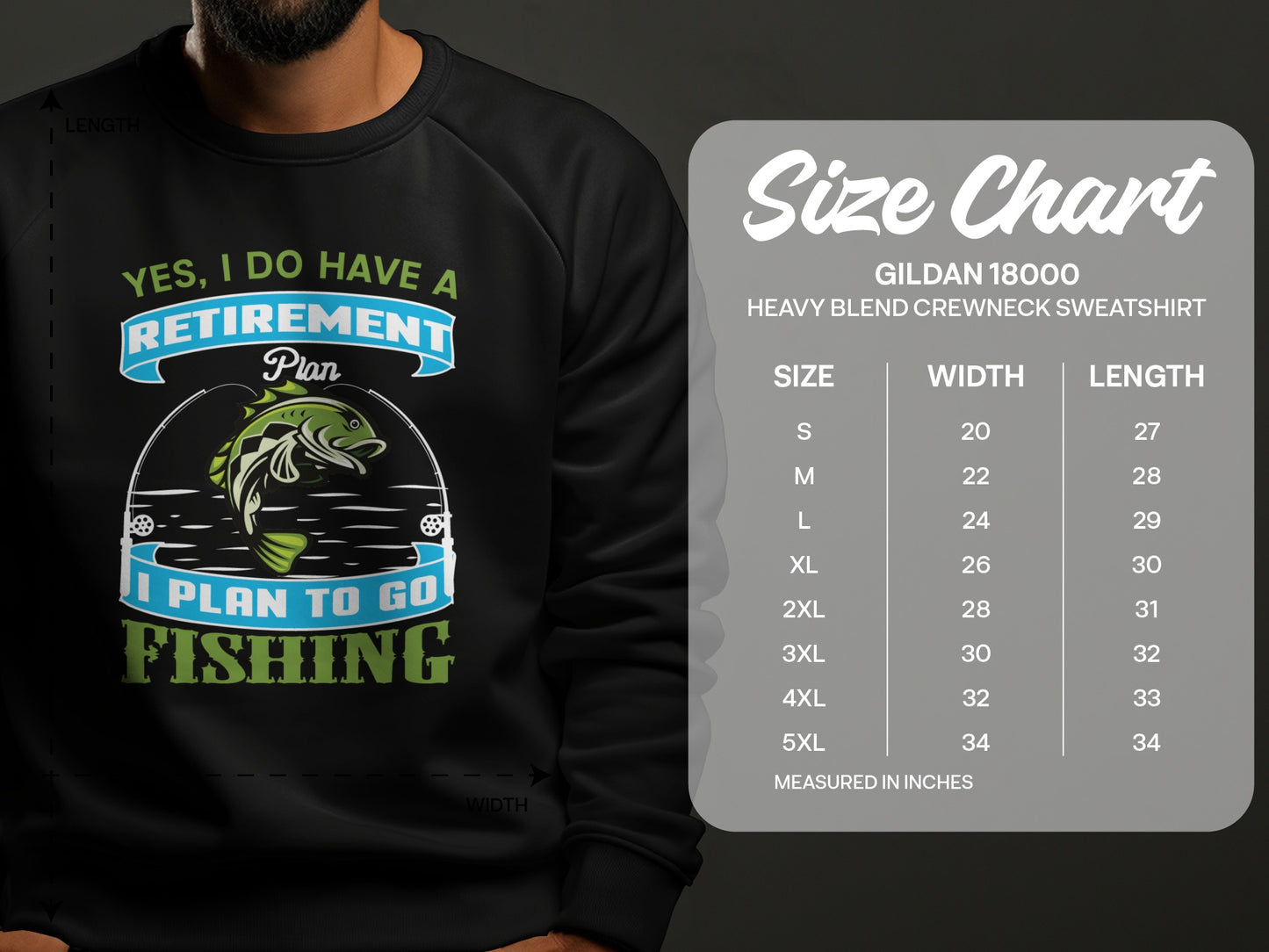Retirement fishing graphic on black Gildan 18000 sweatshirt size chart.