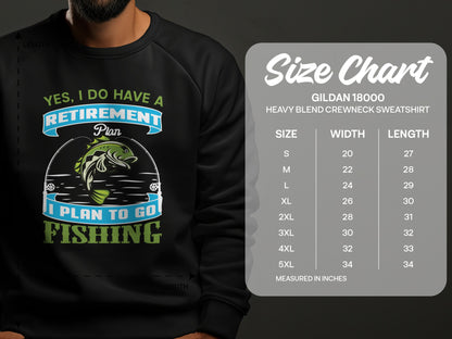 Retirement fishing graphic on black Gildan 18000 sweatshirt size chart.