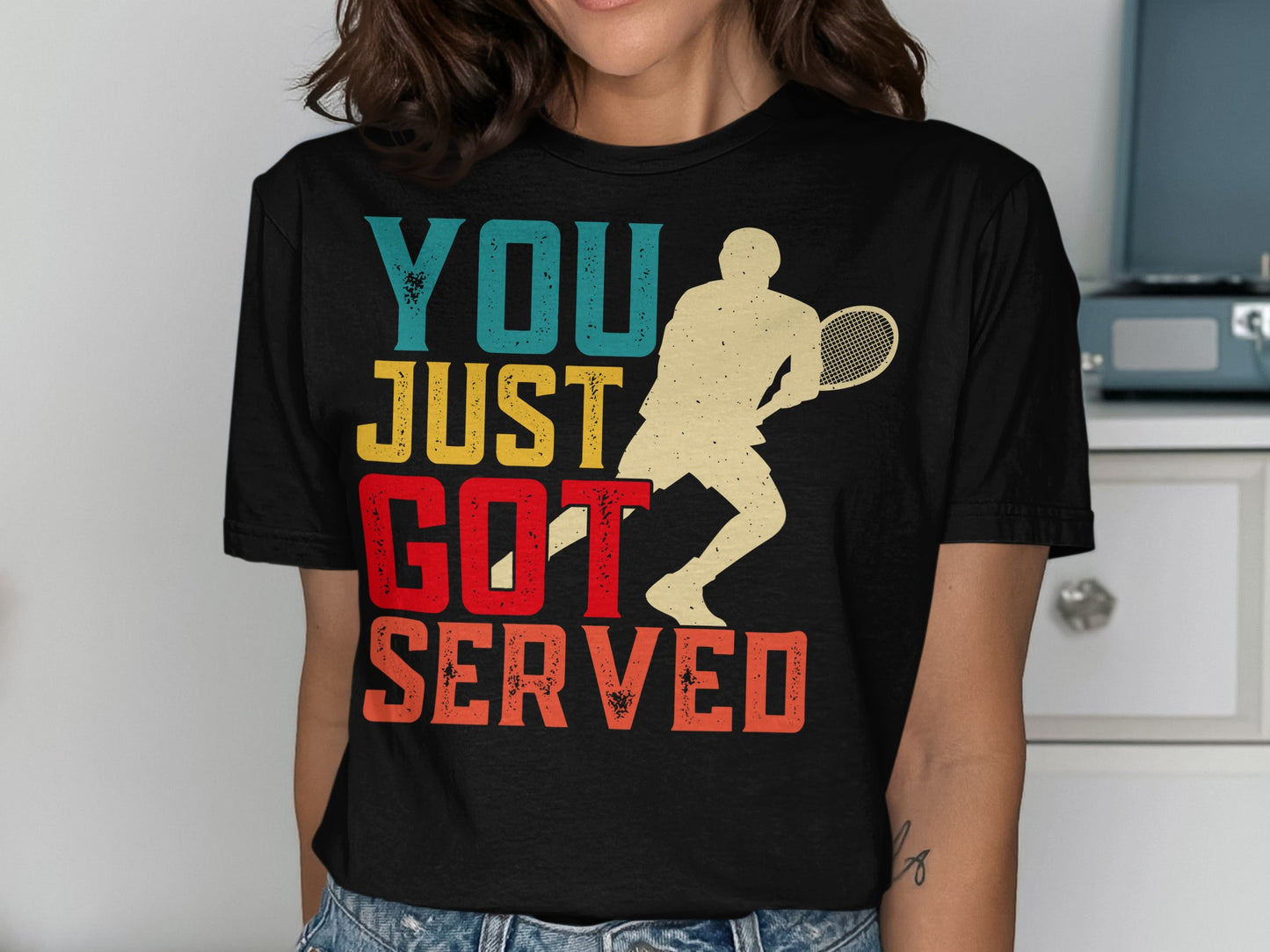 Black t-shirt with "YOU JUST GOT SERVED" text and tennis player graphic.