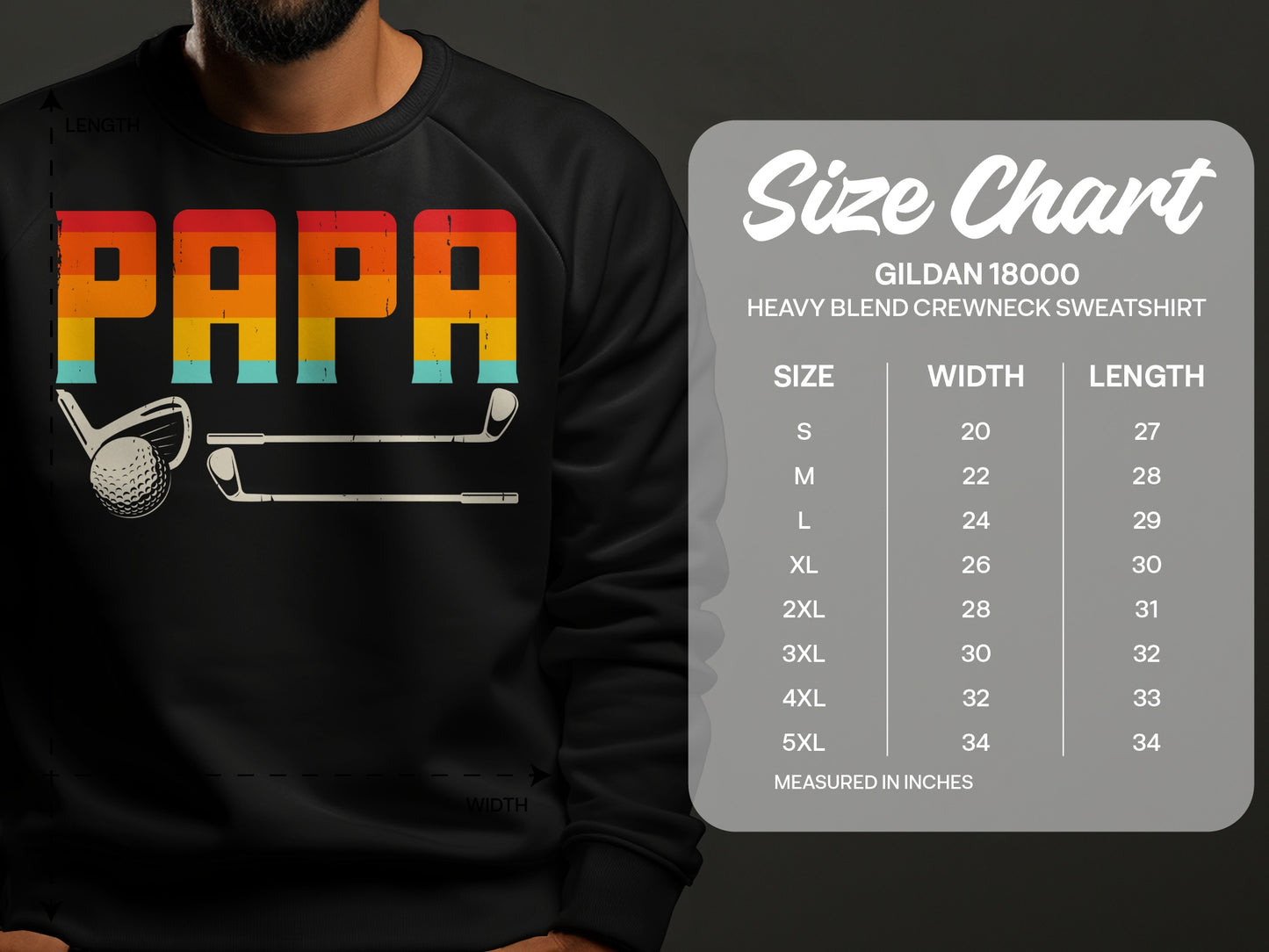 Gildan 18000 sweatshirt size chart with "PAPA" graphic and golf clubs.