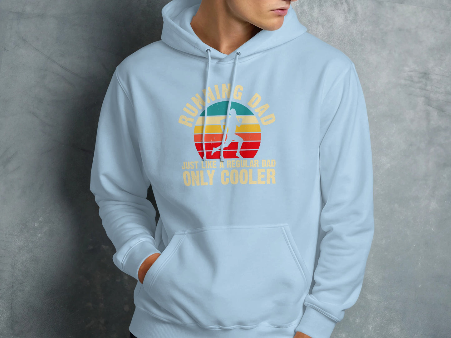 Light blue hoodie with "Running Dad Just Like A Regular Dad Only Cooler" text and runner graphic.